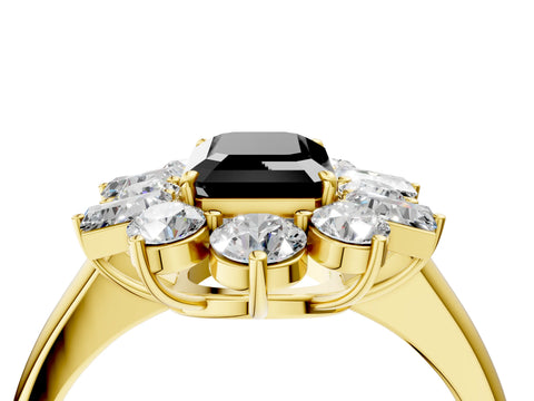Yellow gold Fancy Black Emerald Cut Diamond Cluster Ring with Round and Baguette Stones, Split Shank Band, Prong Setting_4