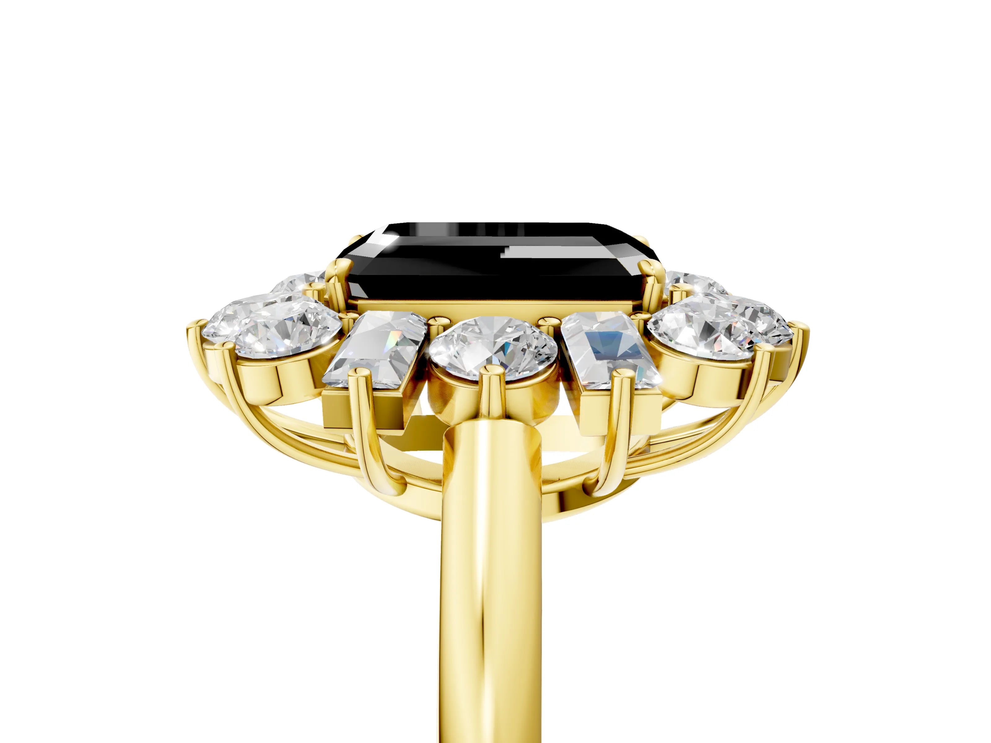 Yellow gold Fancy Black Emerald Cut Diamond Cluster Ring with Round and Baguette Stones, Split Shank Band, Prong Setting_5