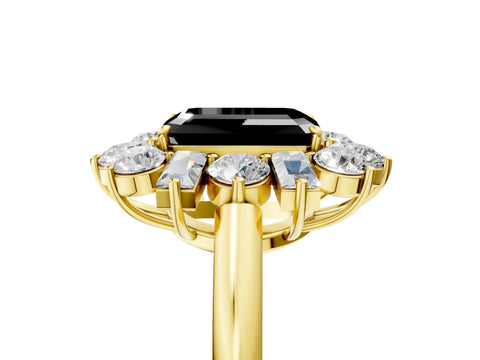Yellow gold Fancy Black Emerald Cut Diamond Cluster Ring with Round and Baguette Stones, Split Shank Band, Prong Setting_5