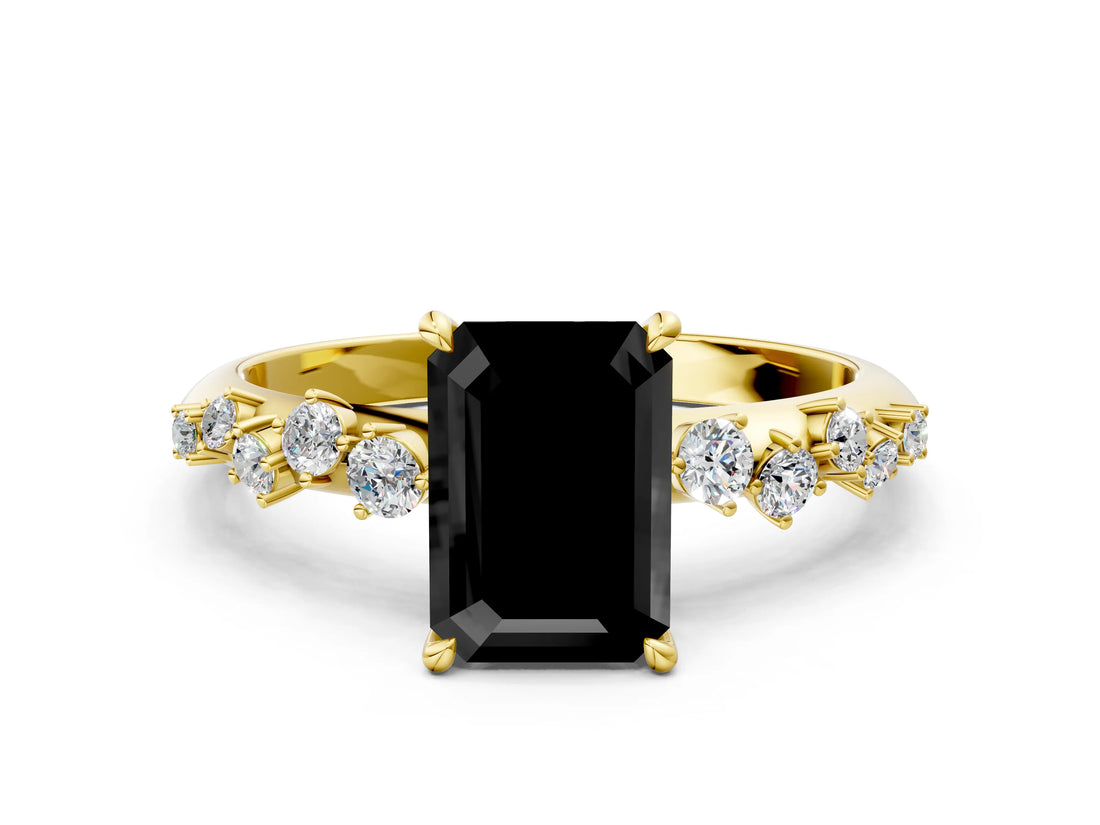 Yellow gold Fancy Black Emerald Cut Diamond Cluster Side Stone Solitaire Ring with Prong Setting_24