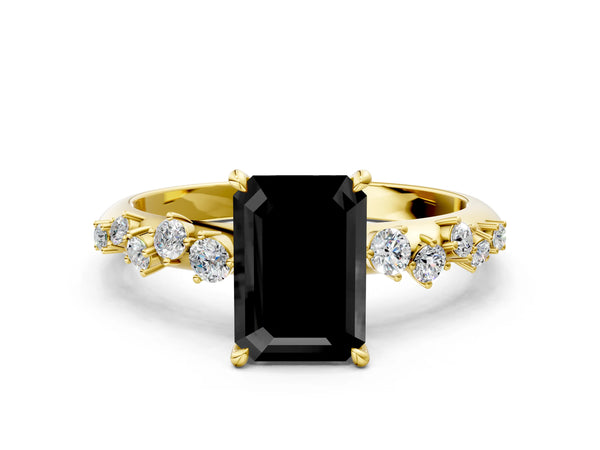 Yellow Gold Emerald Cut Graduated Cluster Engagement Ring Setting for Black Center