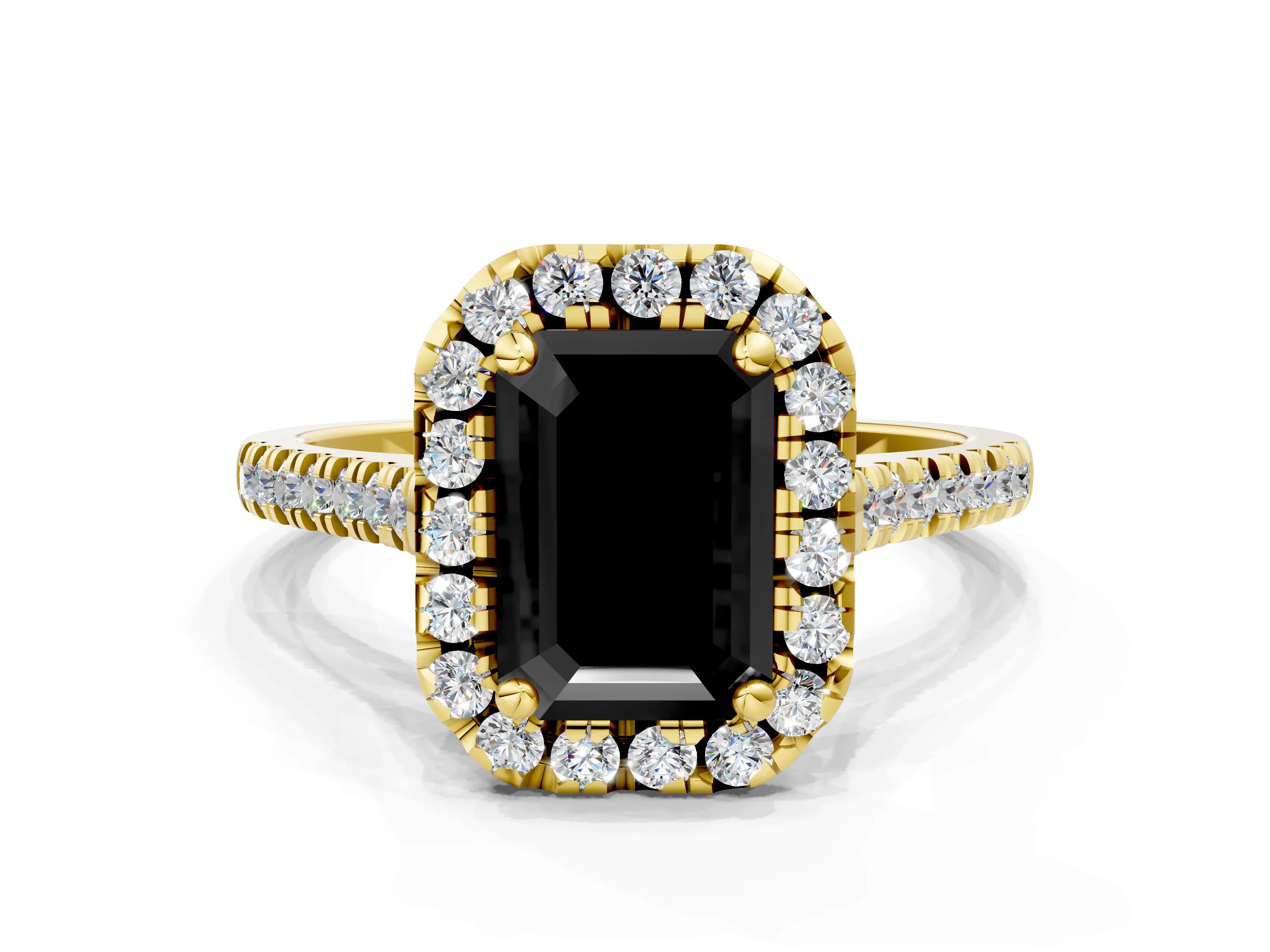 Yellow gold Fancy Black Emerald Cut Diamond Cushion Halo Ring with Pavé Band