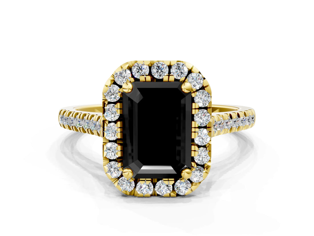 Yellow gold Fancy Black Emerald Cut Diamond Cushion Halo Ring with Pavé Band