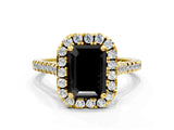 Yellow gold Fancy Black Emerald Cut Diamond Cushion Halo Ring with Pavé Band
