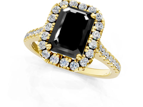 Yellow gold Fancy Black Emerald Cut Diamond Cushion Halo Ring with Pavé Band_1