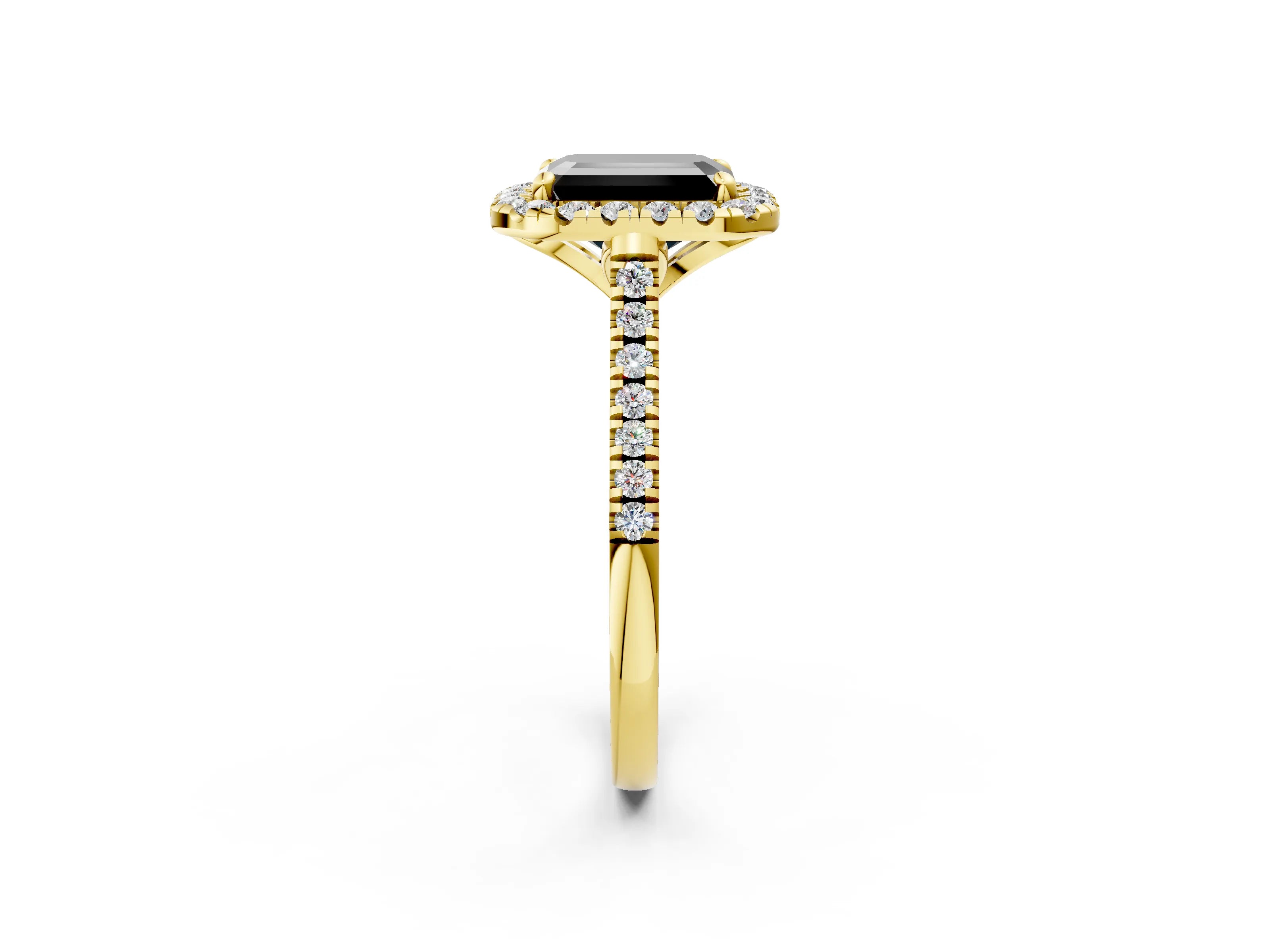 Yellow gold Fancy Black Emerald Cut Diamond Cushion Halo Ring with Pavé Band_2