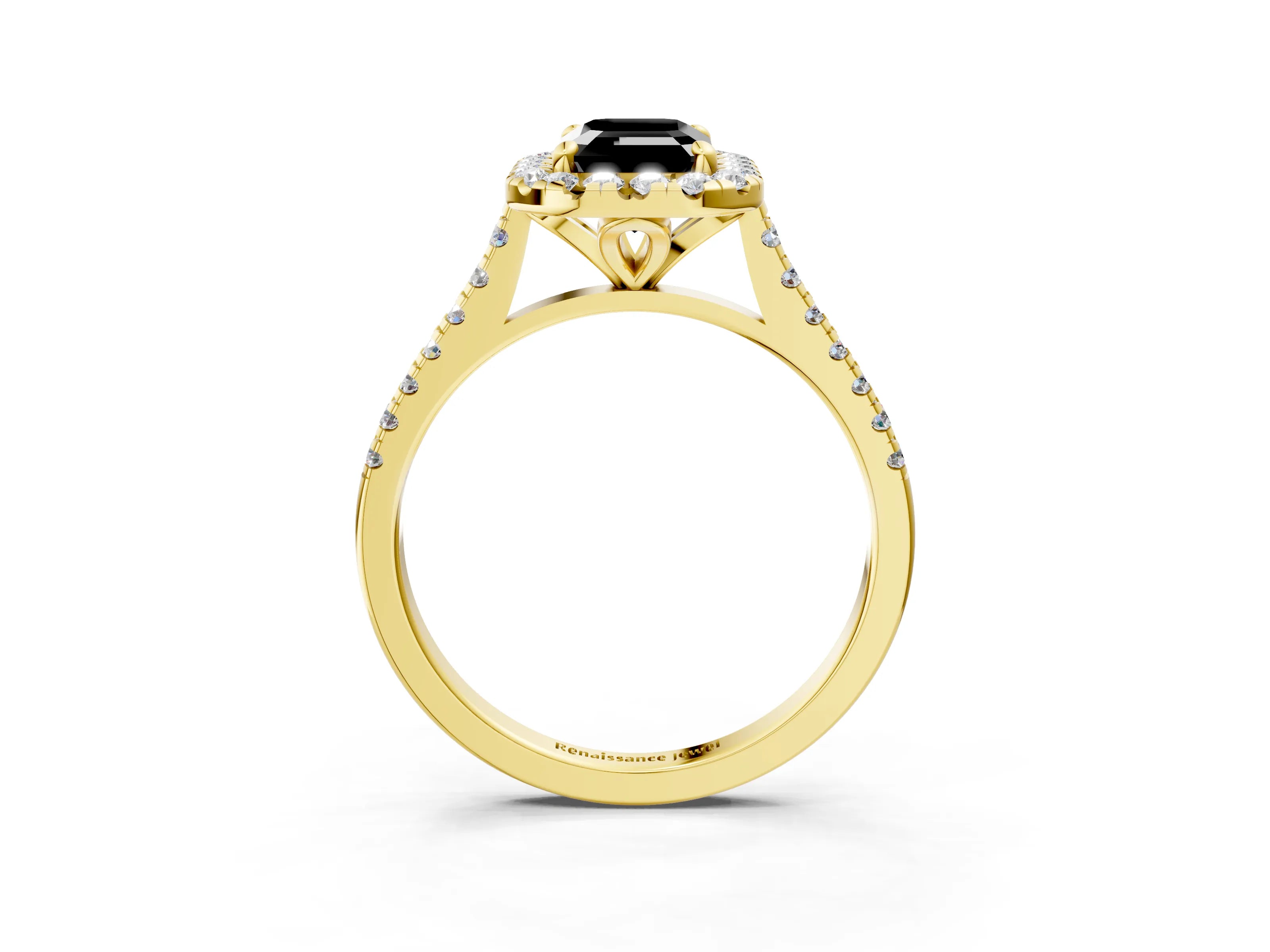 Yellow gold Fancy Black Emerald Cut Diamond Cushion Halo Ring with Pavé Band_3