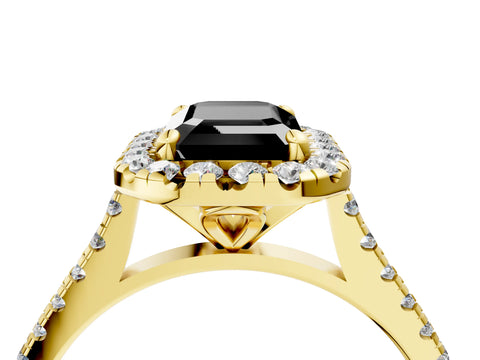 Yellow gold Fancy Black Emerald Cut Diamond Cushion Halo Ring with Pavé Band_4