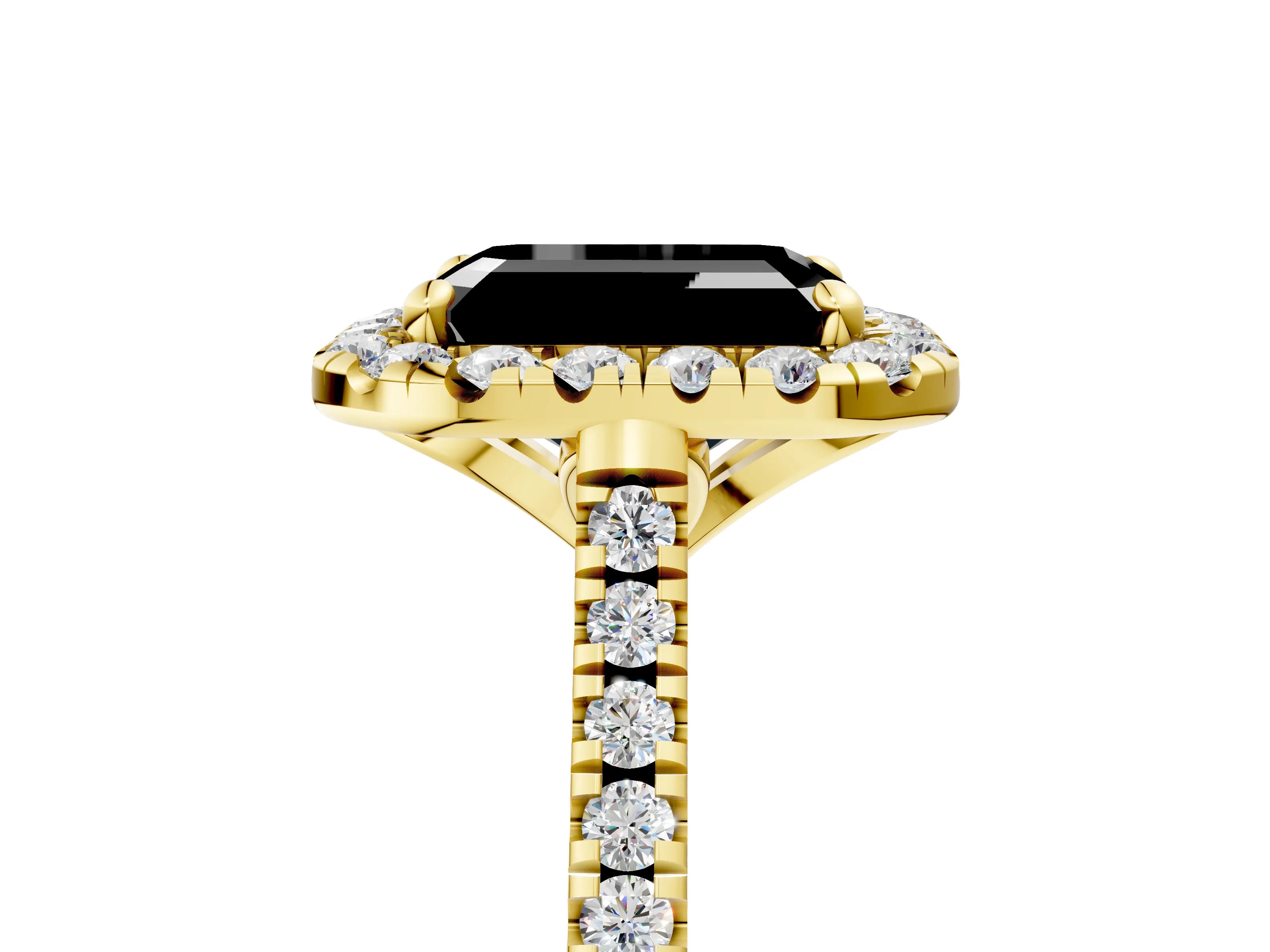 Yellow gold Fancy Black Emerald Cut Diamond Cushion Halo Ring with Pavé Band_5