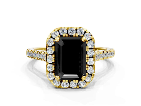 Yellow gold Fancy Black Emerald Cut Diamond Cushion Halo Ring with Pavé Band
