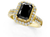 Yellow gold Fancy Black Emerald Cut Diamond Double Halo Ring with Split Shank and Four-Prong Setting_1