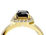 Yellow gold Fancy Black Emerald Cut Diamond Double Halo Ring with Split Shank and Four-Prong Setting_4