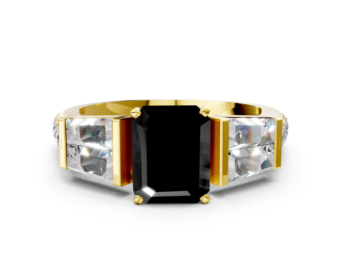 Yellow gold Fancy Black Emerald Cut Diamond Engagement Ring with Baguette Side Stones and Channel Set Band_12