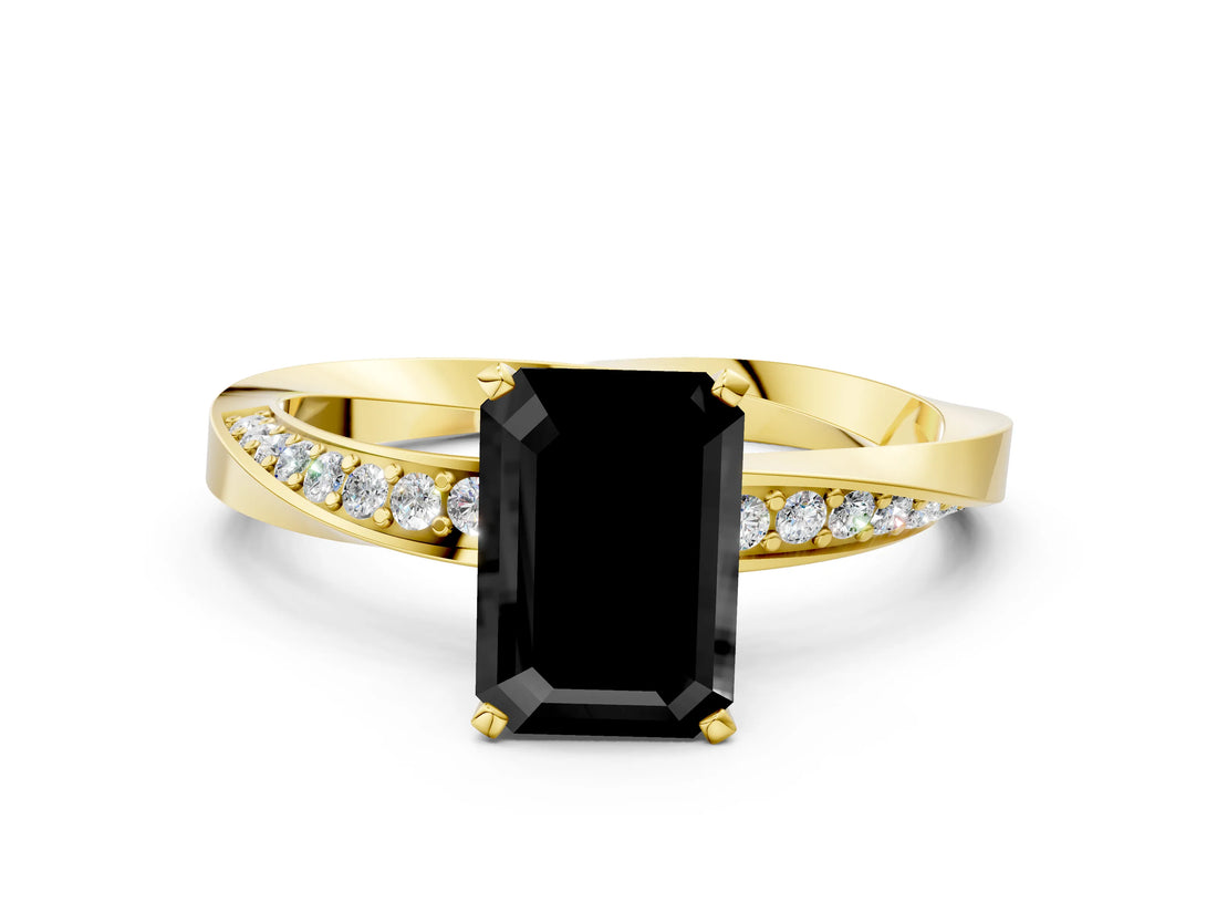 Yellow gold Fancy Black Emerald Cut Diamond Engagement Ring with Side Stone Accents and Four-Prong Setting_72