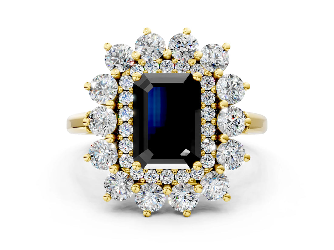 Yellow gold Fancy Black Emerald Cut Diamond Floral Double Halo Engagement Ring with Prong Setting_24