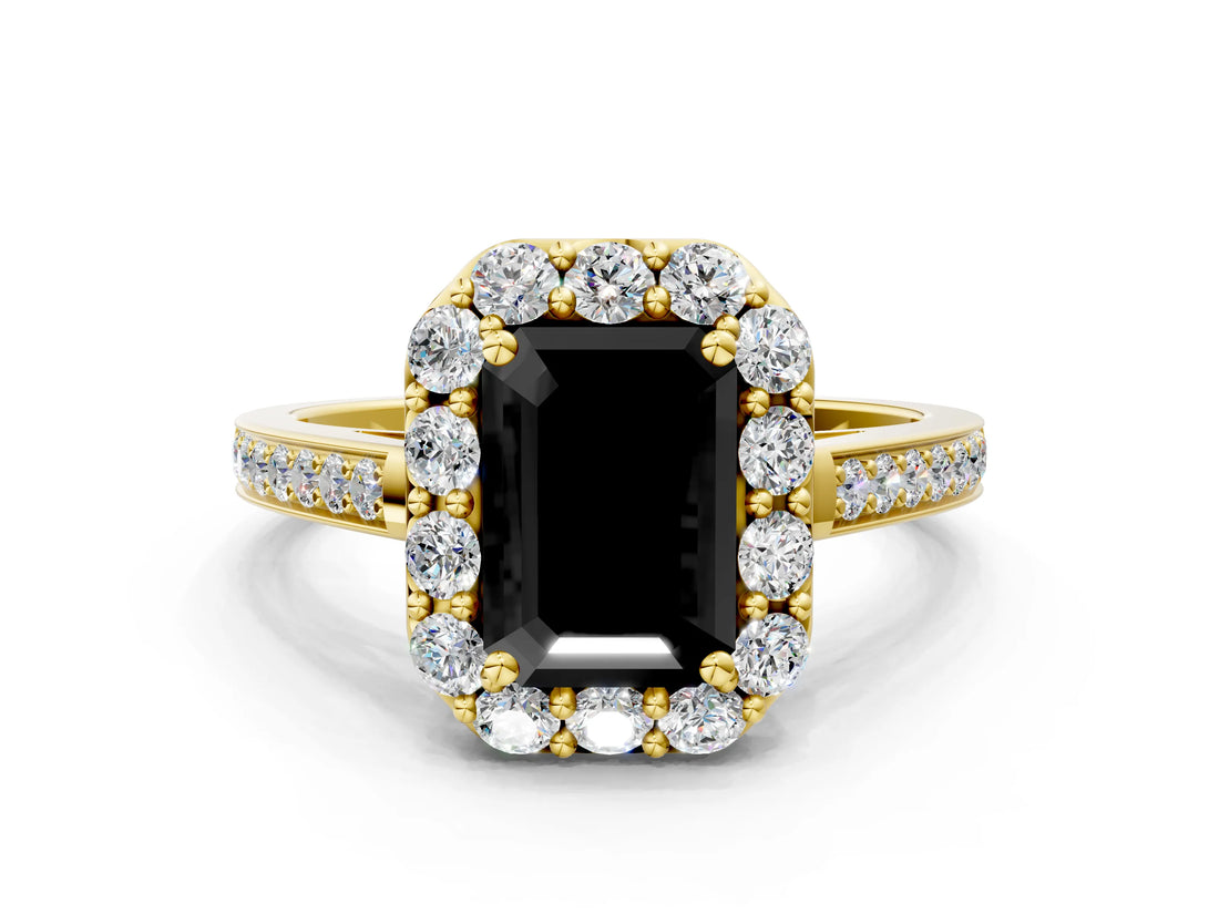 Yellow gold Fancy Black Emerald Cut Diamond Floral Halo Ring with Pavé Band and Prong Setting_3
