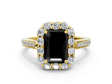 Yellow gold Fancy Black Emerald Cut Diamond Floral Halo Ring with Pavé Band and Prong Setting_3