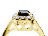 Yellow gold Fancy Black Emerald Cut Diamond Floral Halo Ring with Pavé Band and Prong Setting_7