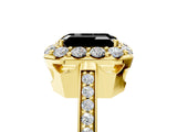 Yellow gold Fancy Black Emerald Cut Diamond Floral Halo Ring with Pavé Band and Prong Setting_8