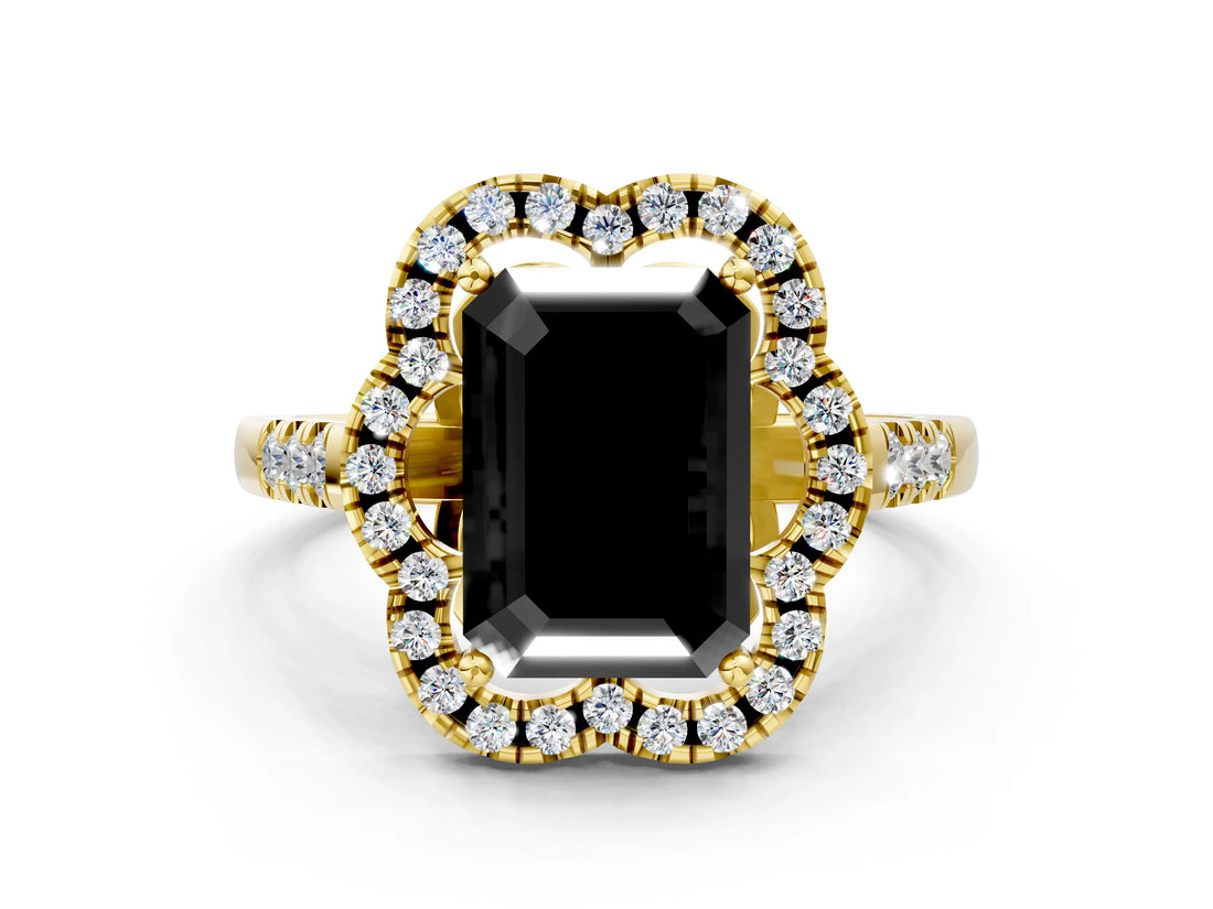 Yellow gold Fancy Black Emerald Cut Diamond Floral Halo Split Shank Prong Setting Ring