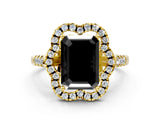 Yellow gold Fancy Black Emerald Cut Diamond Floral Halo Split Shank Prong Setting Ring
