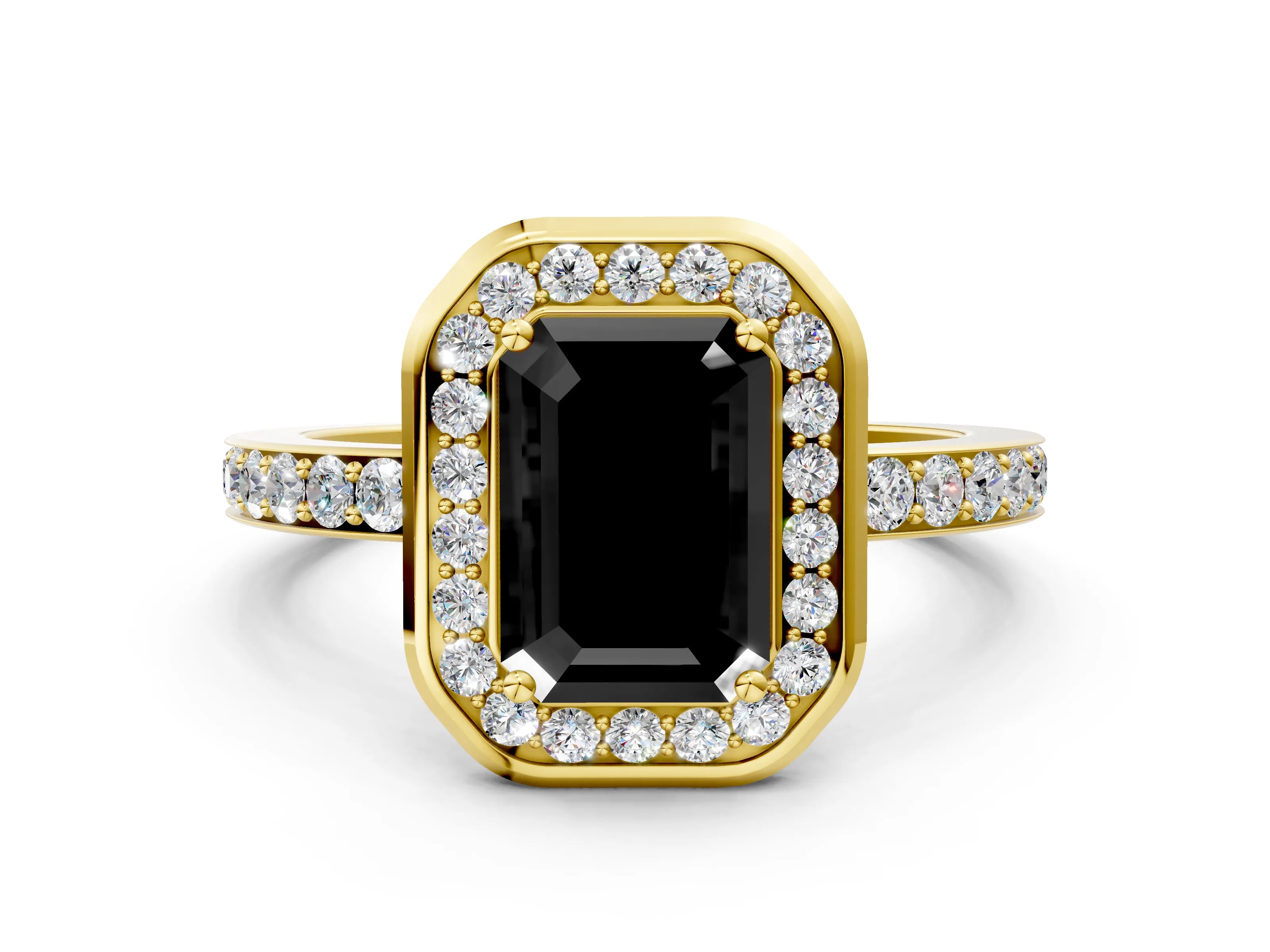 Yellow gold Fancy Black Emerald Cut Diamond Halo Ring with Bezel Frame and Pavé Band