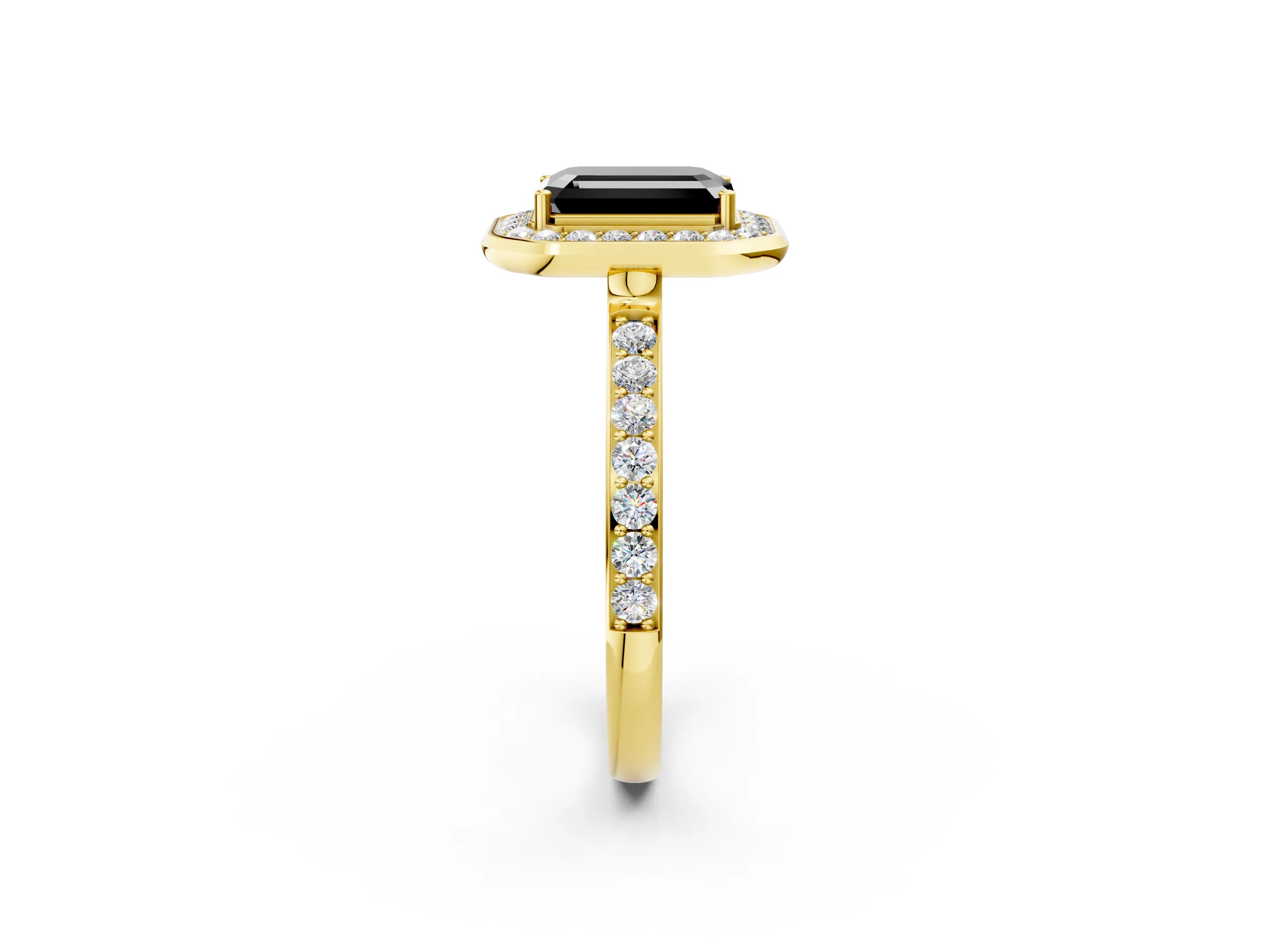 Yellow gold Fancy Black Emerald Cut Diamond Halo Ring with Bezel Frame and Pavé Band_2