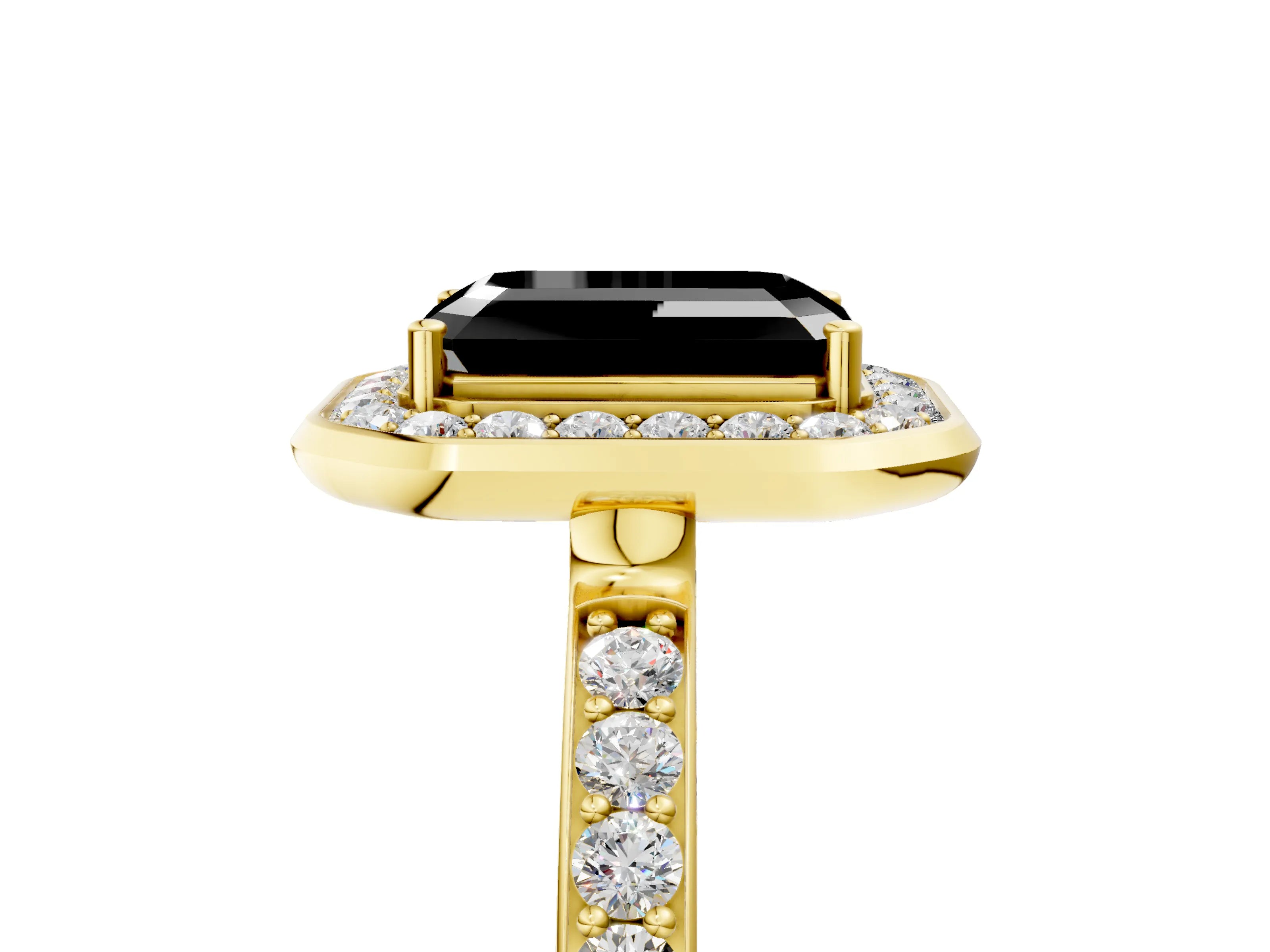 Yellow gold Fancy Black Emerald Cut Diamond Halo Ring with Bezel Frame and Pavé Band_5
