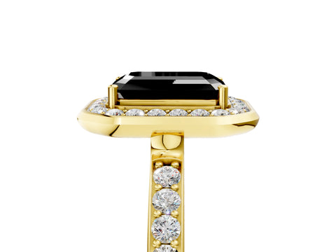 Yellow gold Fancy Black Emerald Cut Diamond Halo Ring with Bezel Frame and Pavé Band_5