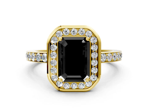 Yellow gold Fancy Black Emerald Cut Diamond Halo Ring with Bezel Frame and Pavé Band