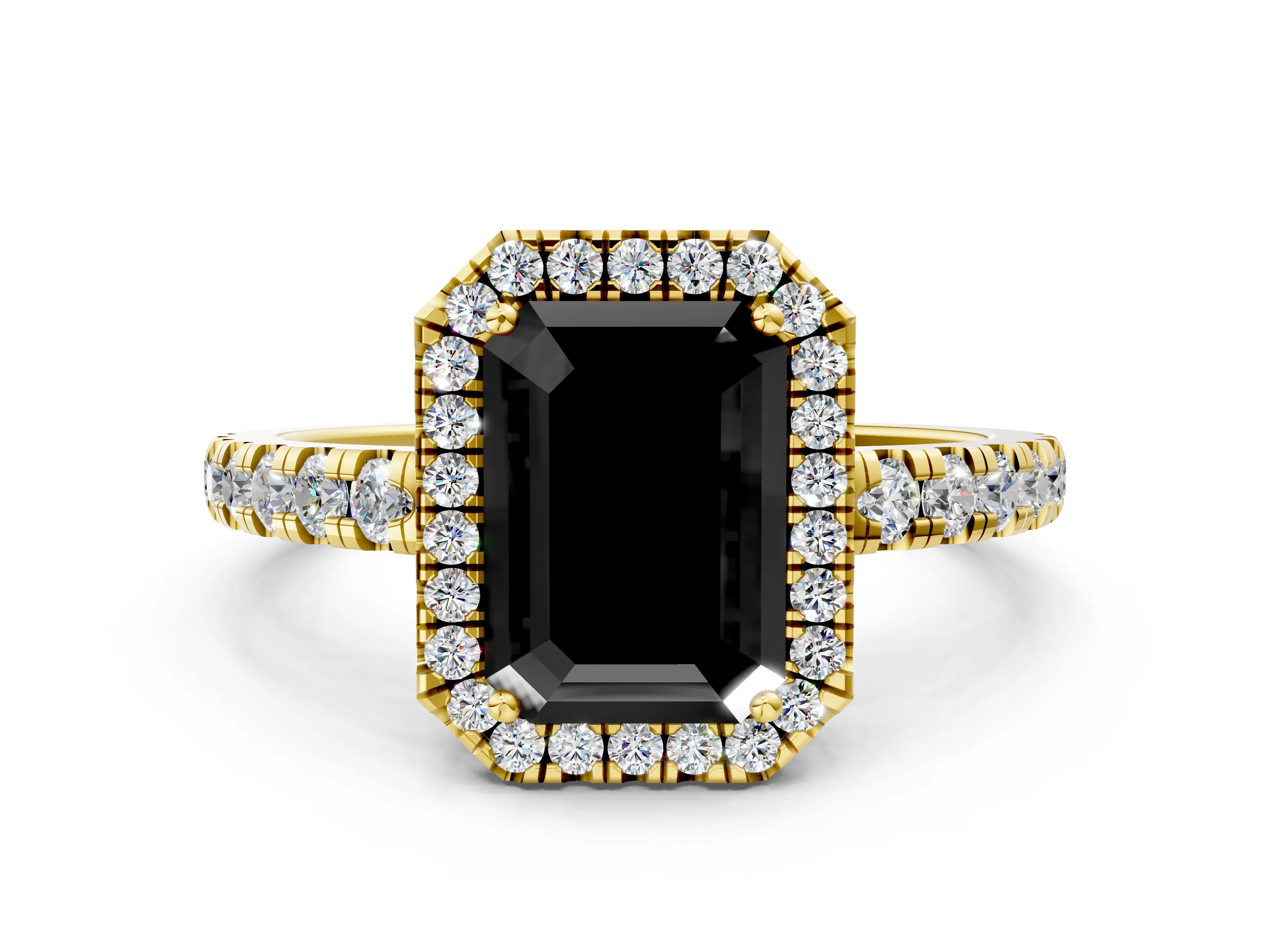 Yellow gold Fancy Black Emerald Cut Diamond Halo Ring with Pavé Band and Four-Prong Setting