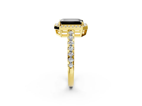 Yellow gold Fancy Black Emerald Cut Diamond Halo Ring with Pavé Band and Four-Prong Setting_2