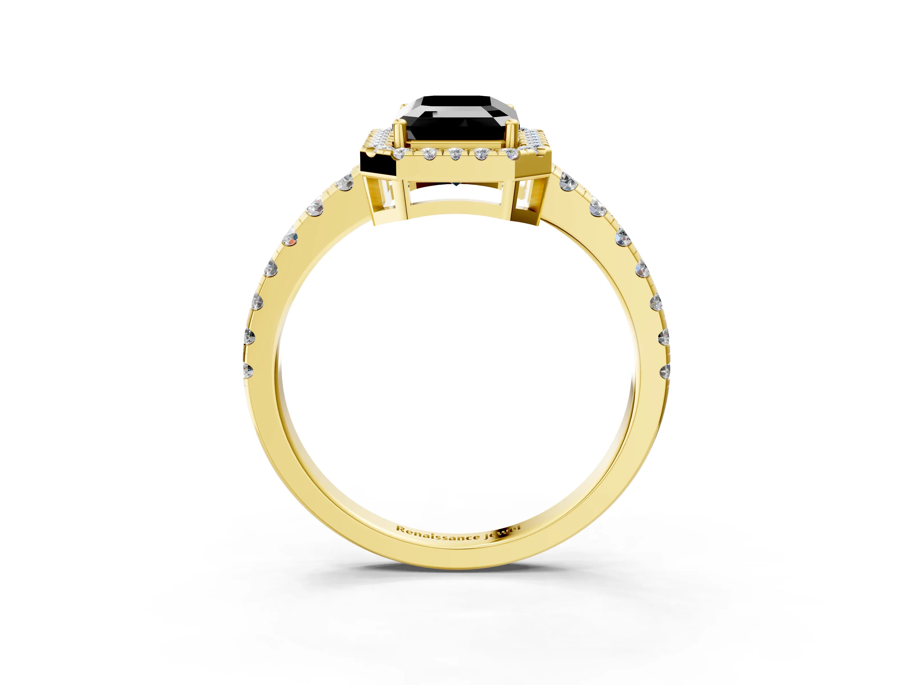 Yellow gold Fancy Black Emerald Cut Diamond Halo Ring with Pavé Band and Four-Prong Setting_3