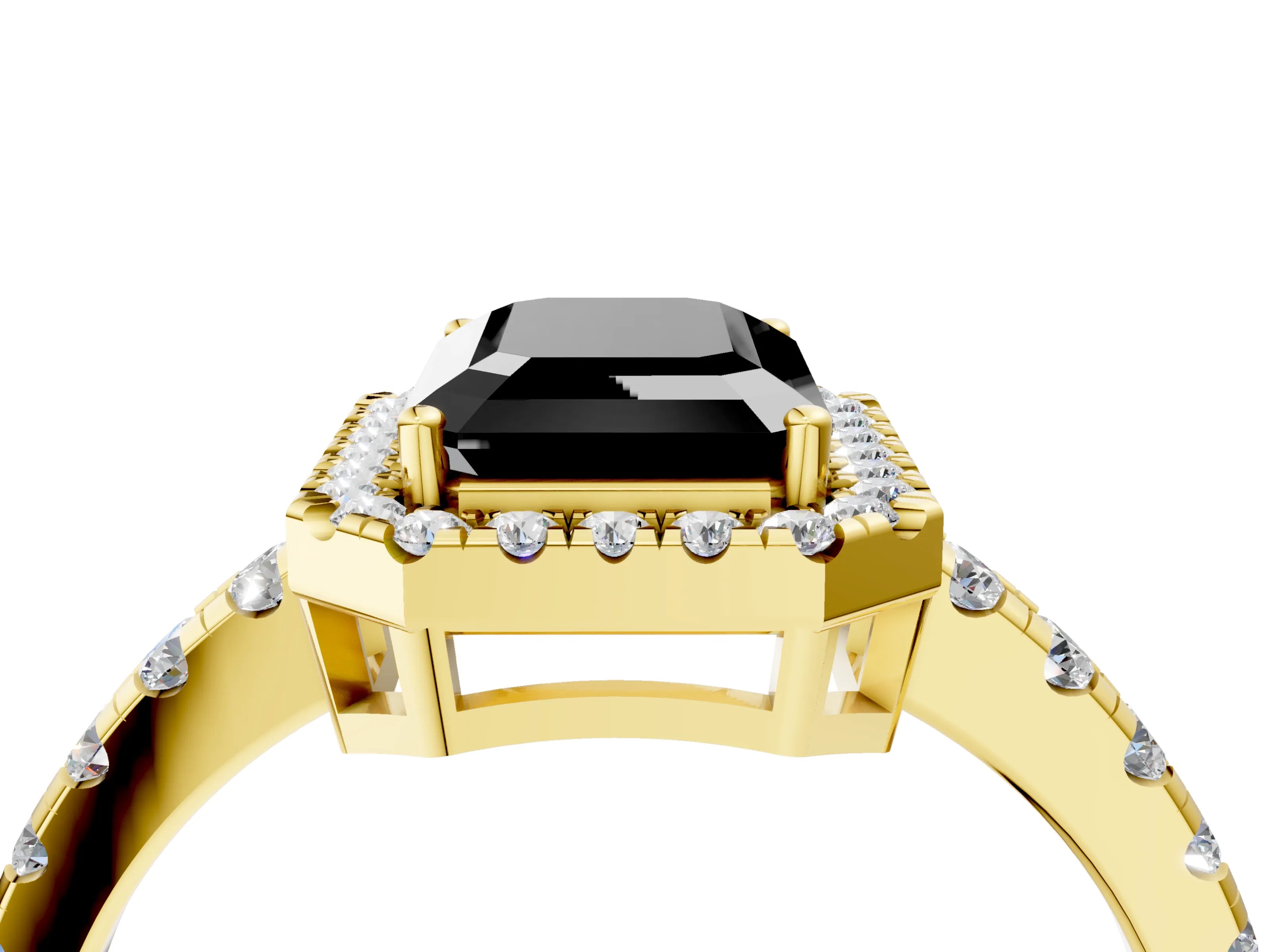 Yellow gold Fancy Black Emerald Cut Diamond Halo Ring with Pavé Band and Four-Prong Setting_4