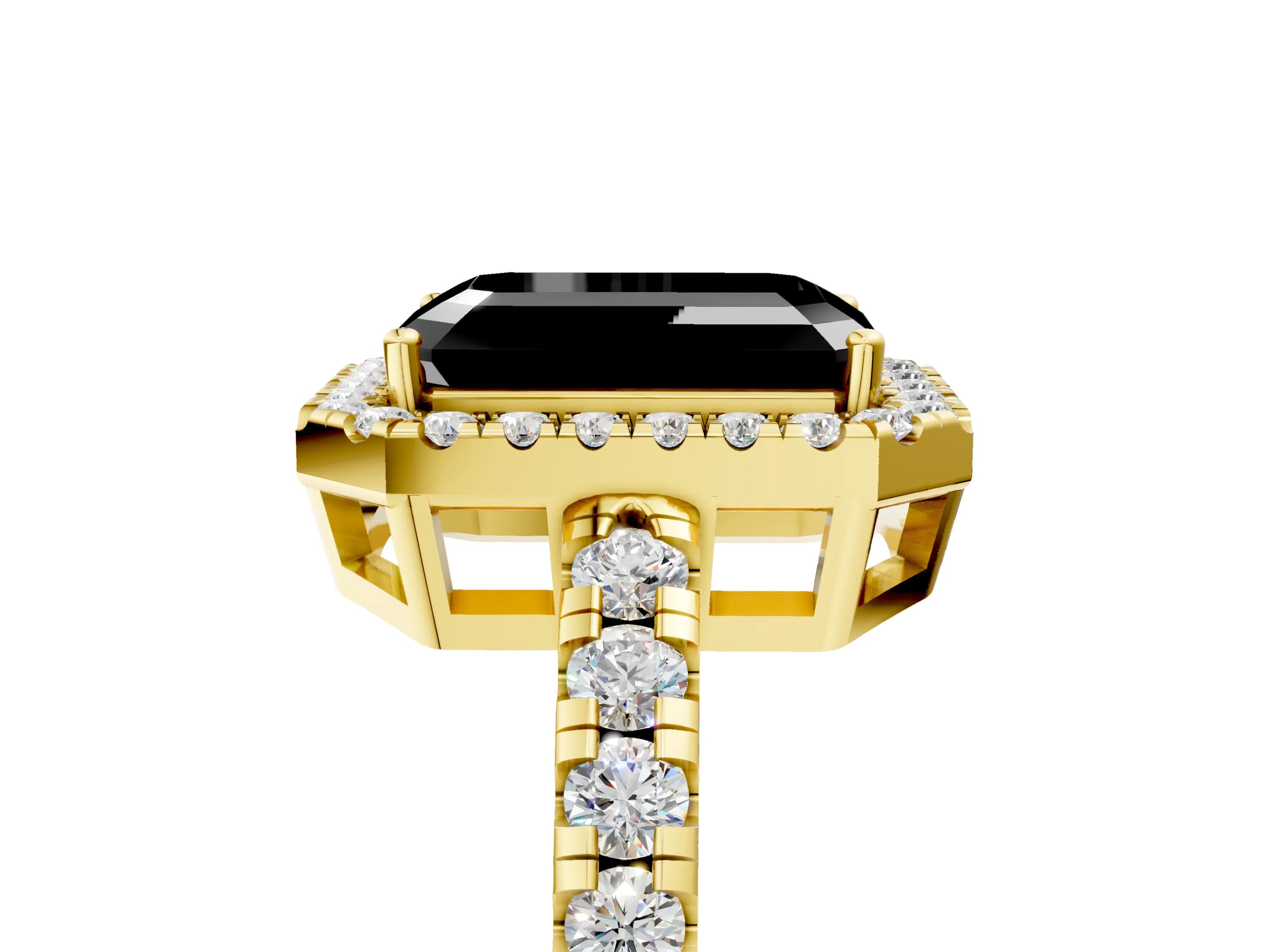 Yellow gold Fancy Black Emerald Cut Diamond Halo Ring with Pavé Band and Four-Prong Setting_5