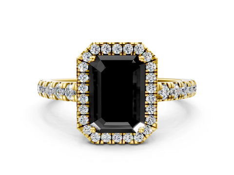 Yellow gold Fancy Black Emerald Cut Diamond Halo Ring with Pavé Band and Four-Prong Setting