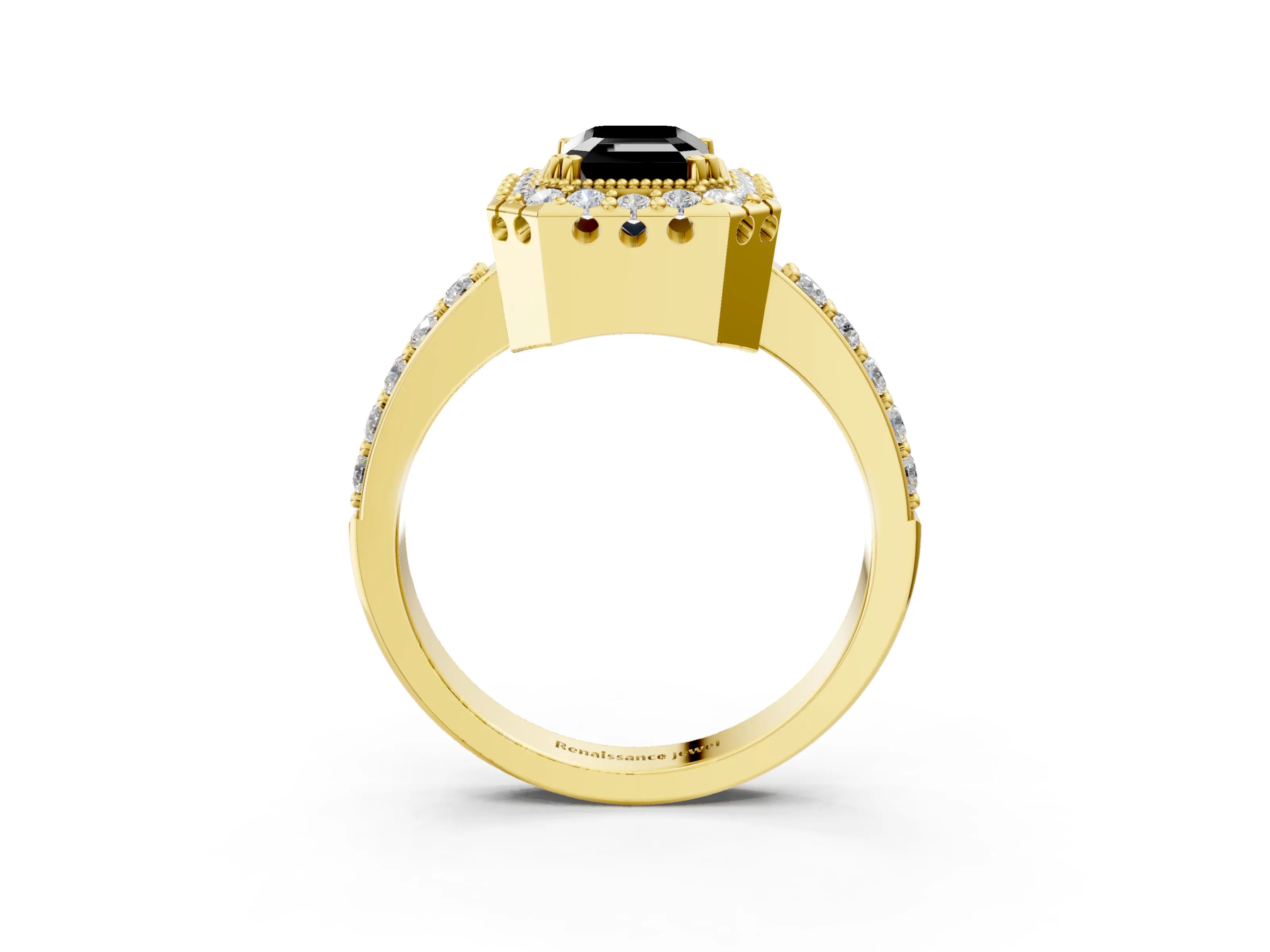 Yellow gold Fancy Black Emerald Cut Diamond Halo Ring with Pavé Band and Prong Setting_3