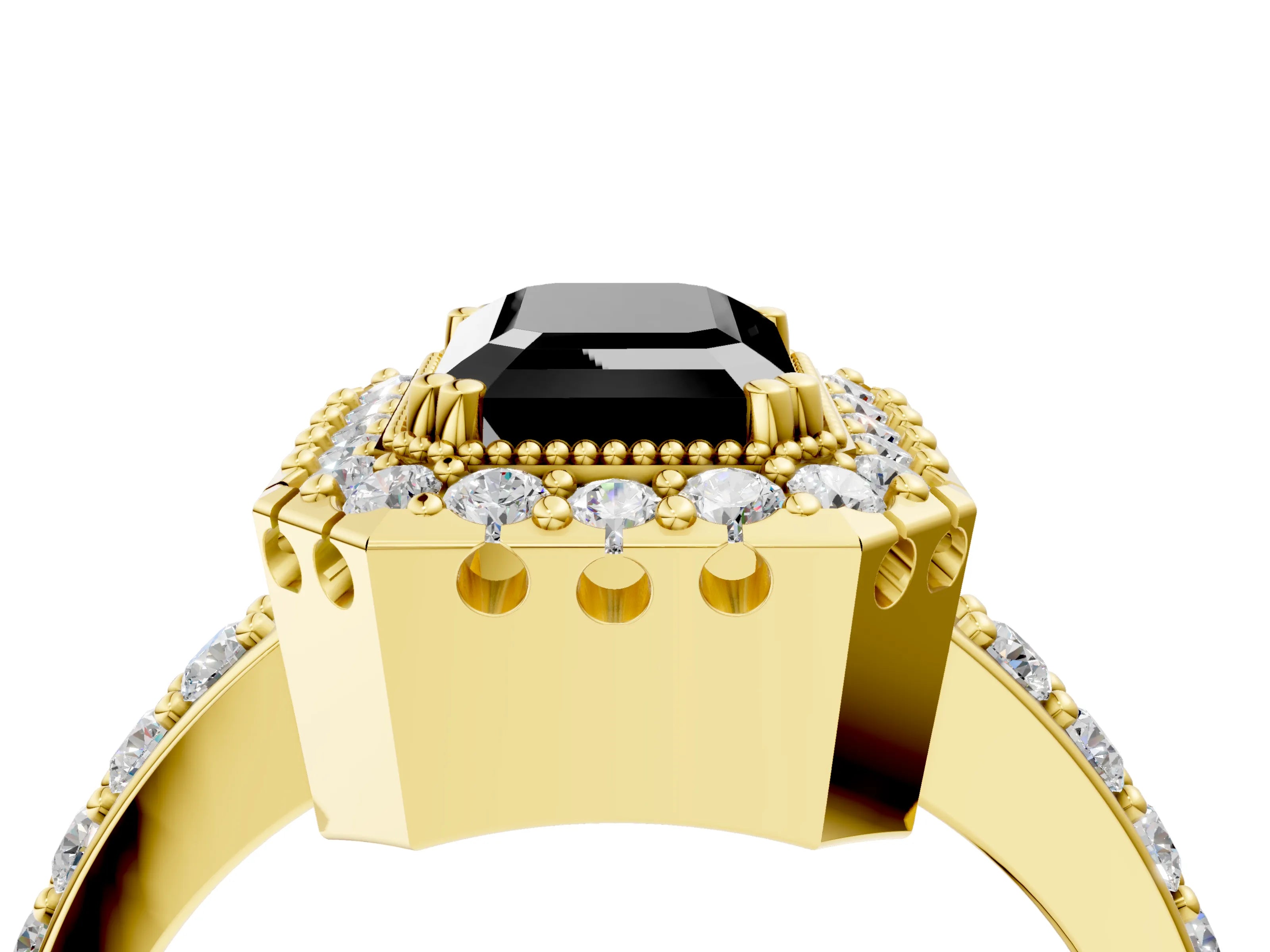 Yellow gold Fancy Black Emerald Cut Diamond Halo Ring with Pavé Band and Prong Setting_4