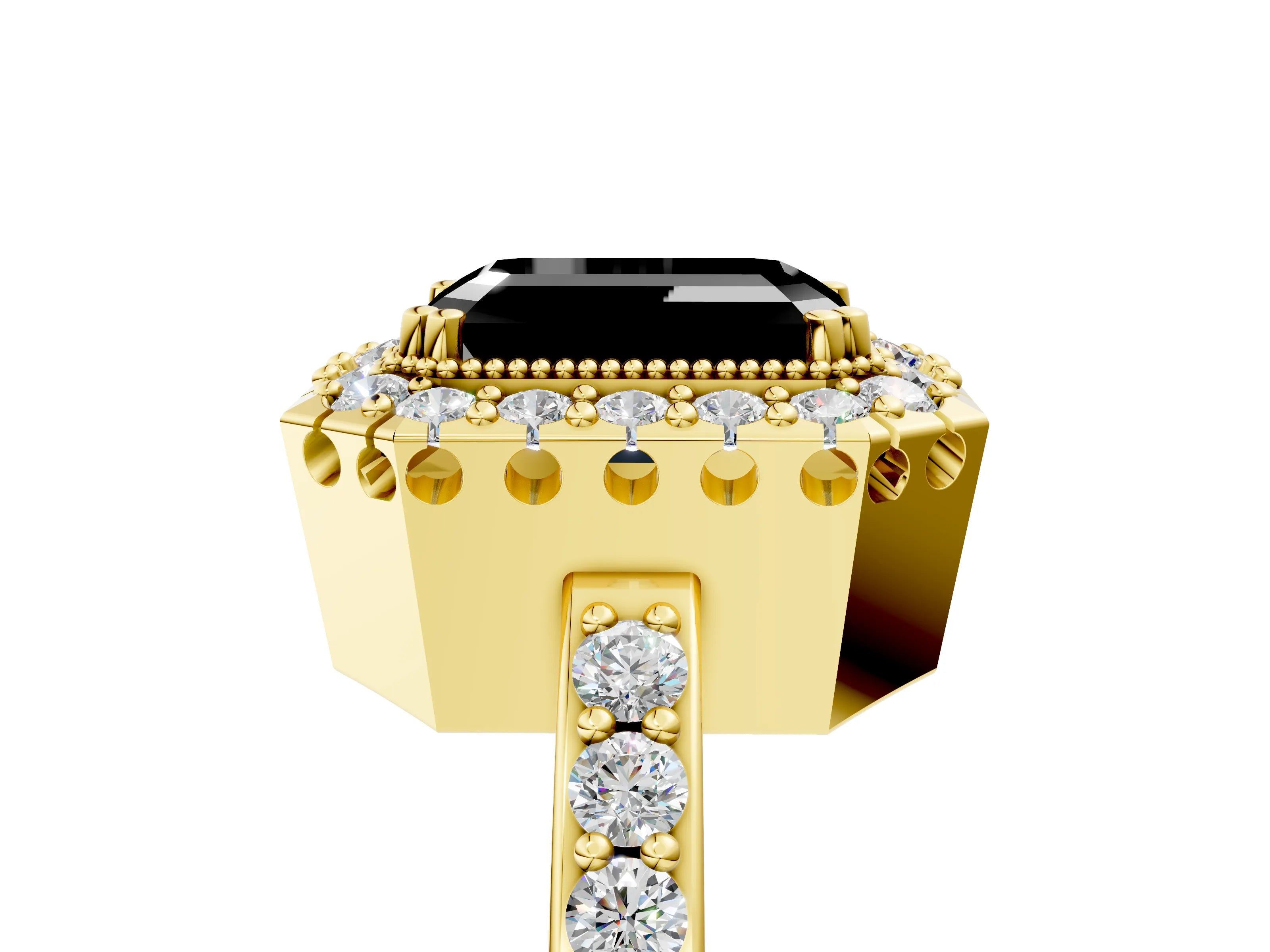 Yellow gold Fancy Black Emerald Cut Diamond Halo Ring with Pavé Band and Prong Setting_5