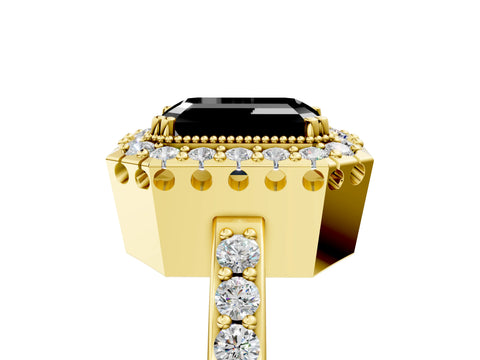 Yellow gold Fancy Black Emerald Cut Diamond Halo Ring with Pavé Band and Prong Setting_5
