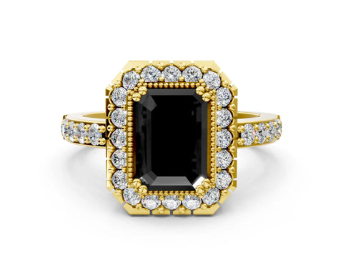 Yellow gold Fancy Black Emerald Cut Diamond Halo Ring with Pavé Band and Prong Setting