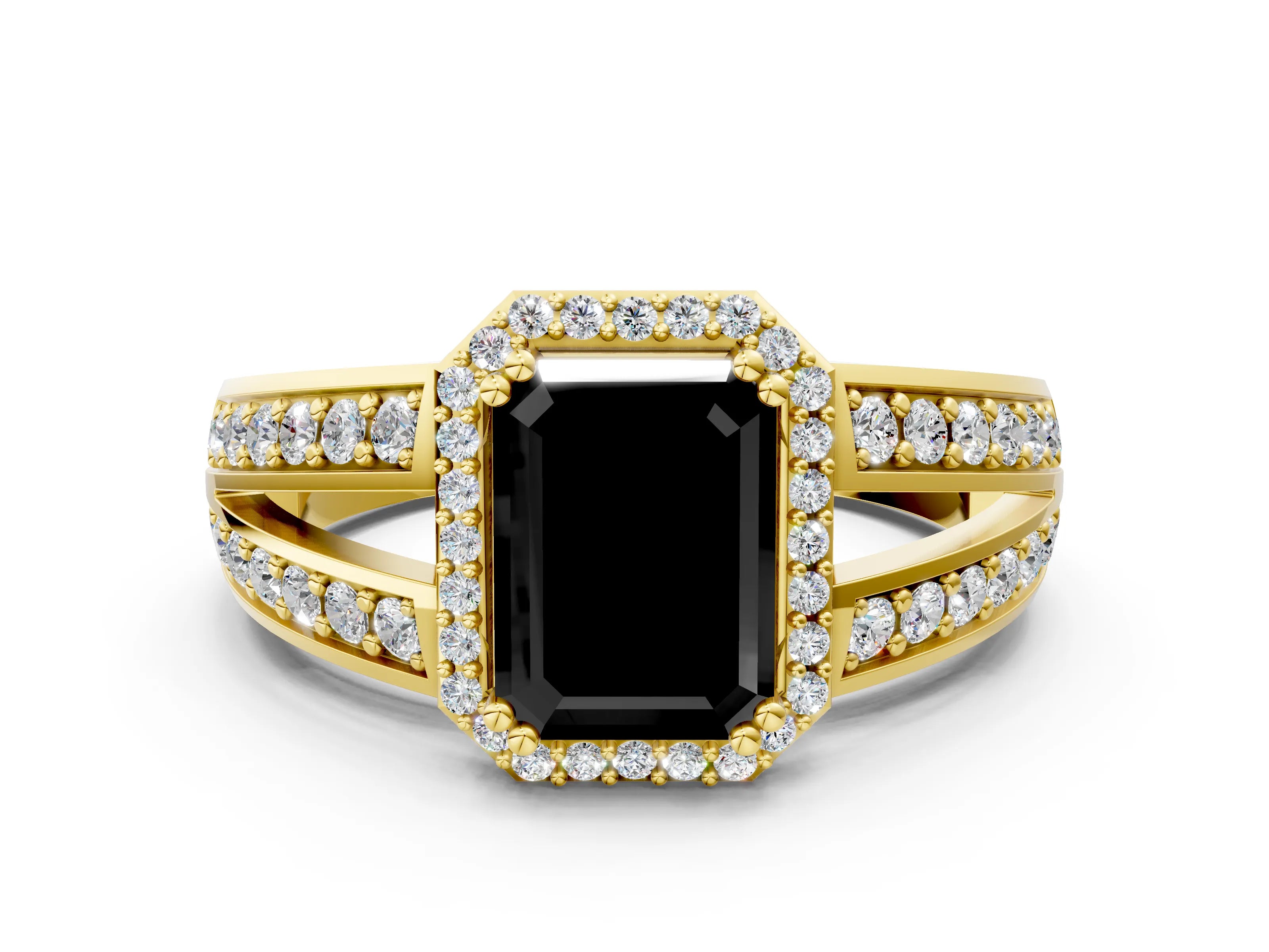 Yellow gold Fancy Black Emerald Cut Diamond Halo Ring with Split Shank Pavé Band and Four-Prong Setting