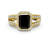 Yellow gold Fancy Black Emerald Cut Diamond Halo Ring with Split Shank Pavé Band and Four-Prong Setting