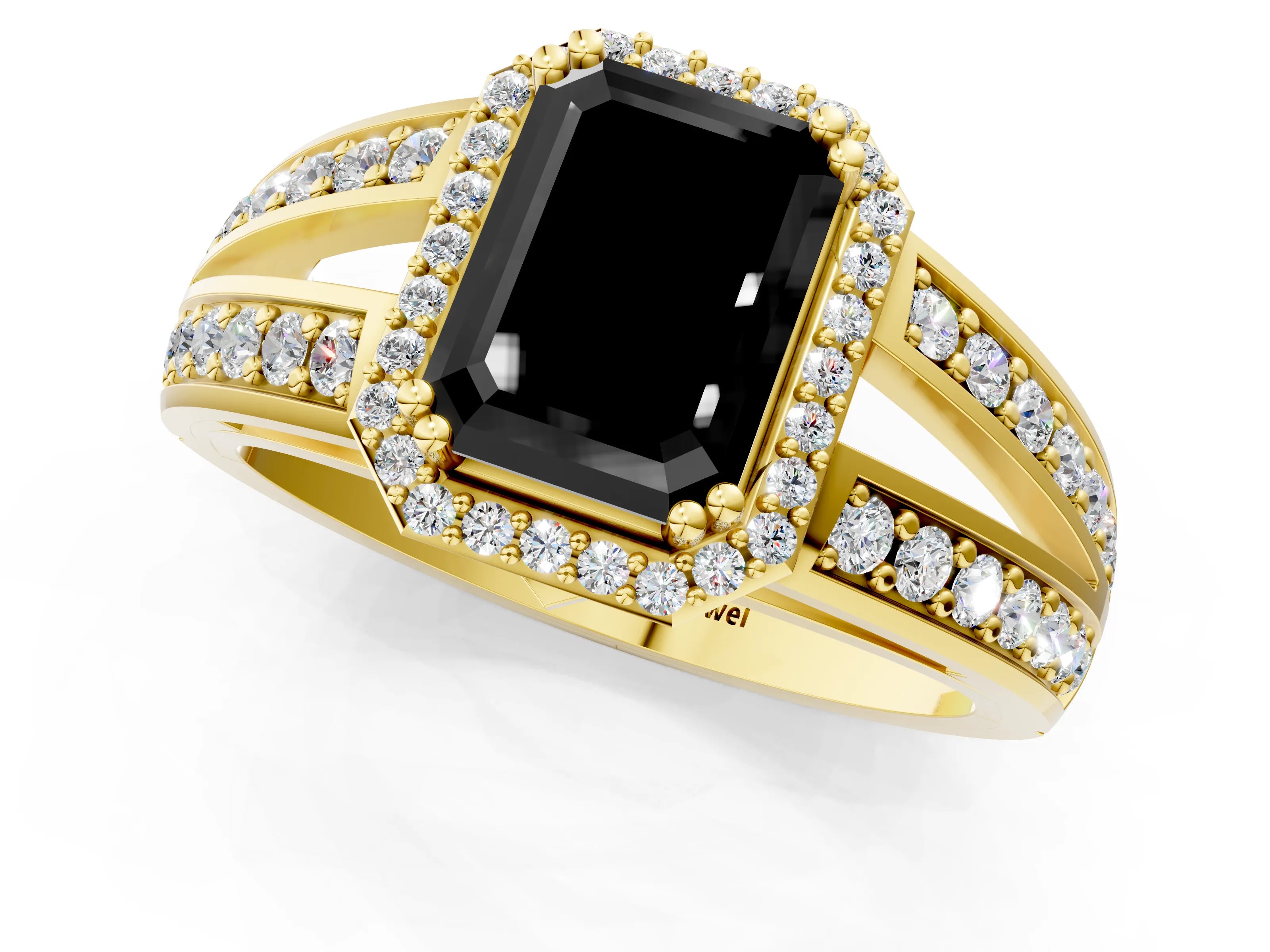 Yellow gold Fancy Black Emerald Cut Diamond Halo Ring with Split Shank Pavé Band and Four-Prong Setting_1