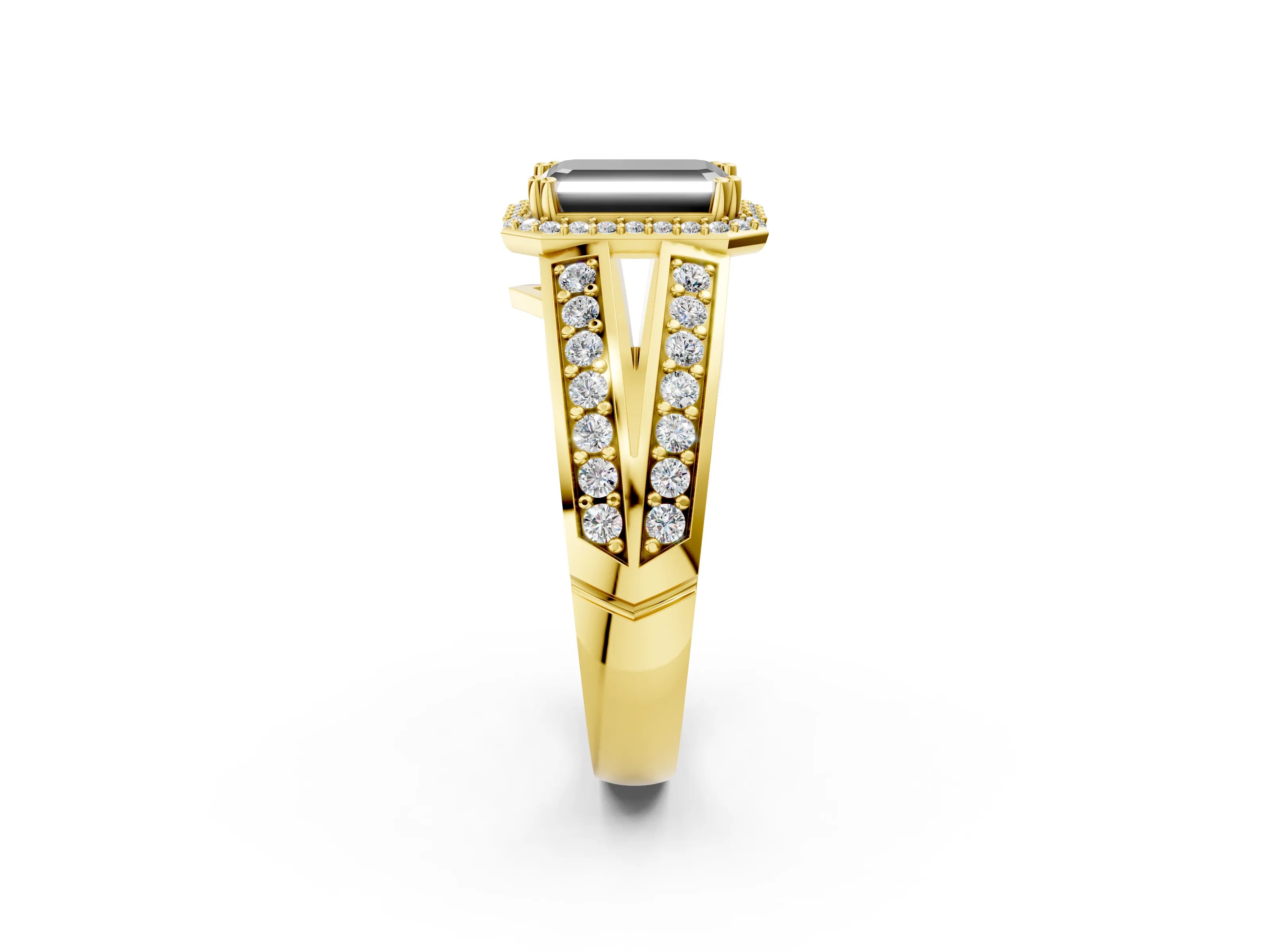 Yellow gold Fancy Black Emerald Cut Diamond Halo Ring with Split Shank Pavé Band and Four-Prong Setting_2