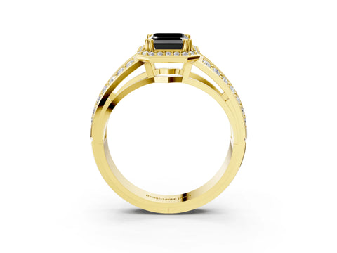 Yellow gold Fancy Black Emerald Cut Diamond Halo Ring with Split Shank Pavé Band and Four-Prong Setting_3