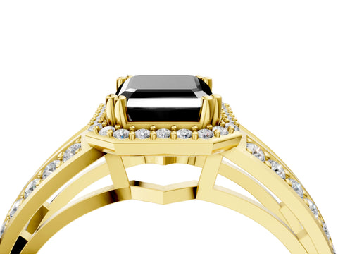 Yellow gold Fancy Black Emerald Cut Diamond Halo Ring with Split Shank Pavé Band and Four-Prong Setting_4