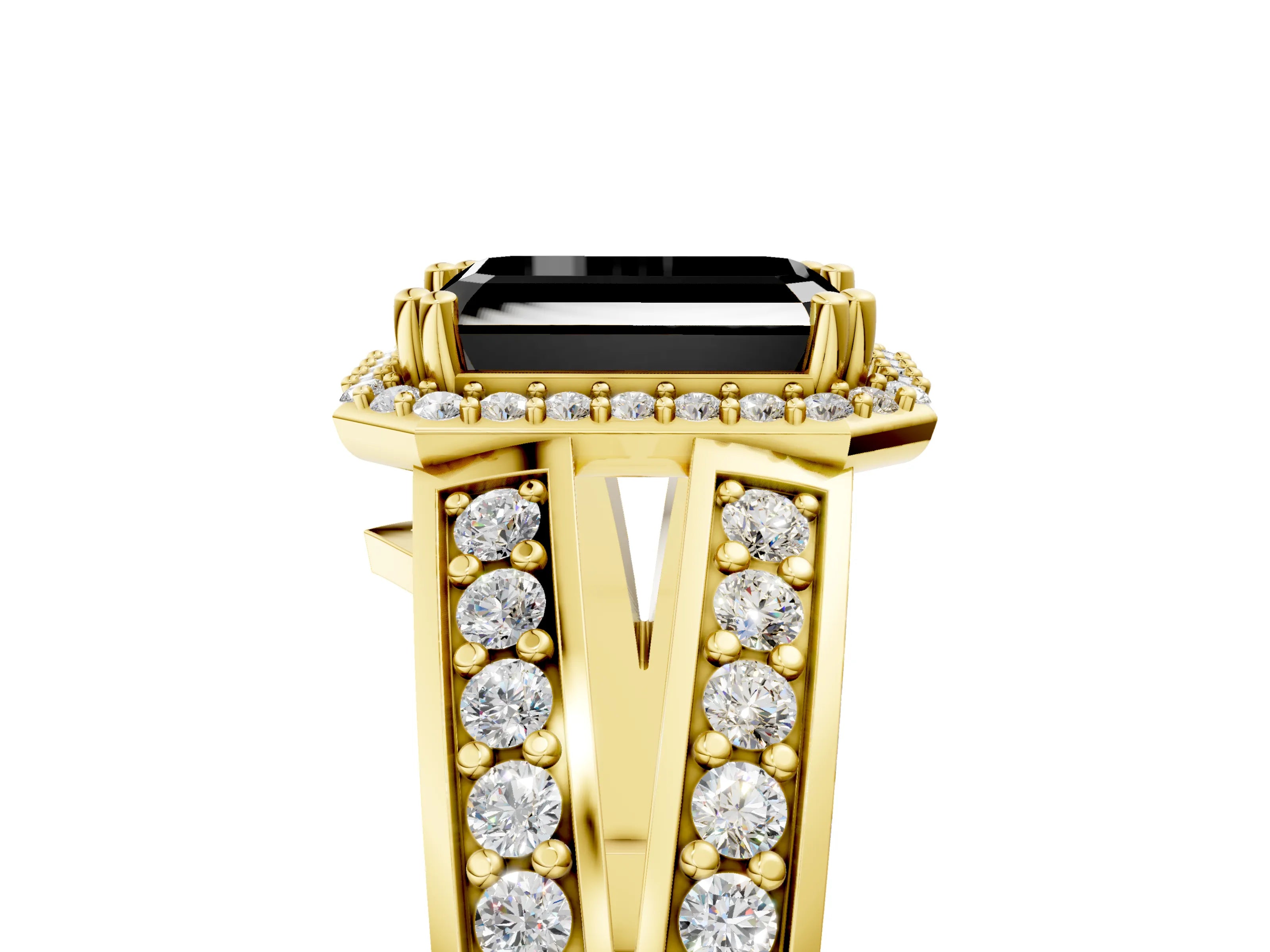 Yellow gold Fancy Black Emerald Cut Diamond Halo Ring with Split Shank Pavé Band and Four-Prong Setting_5