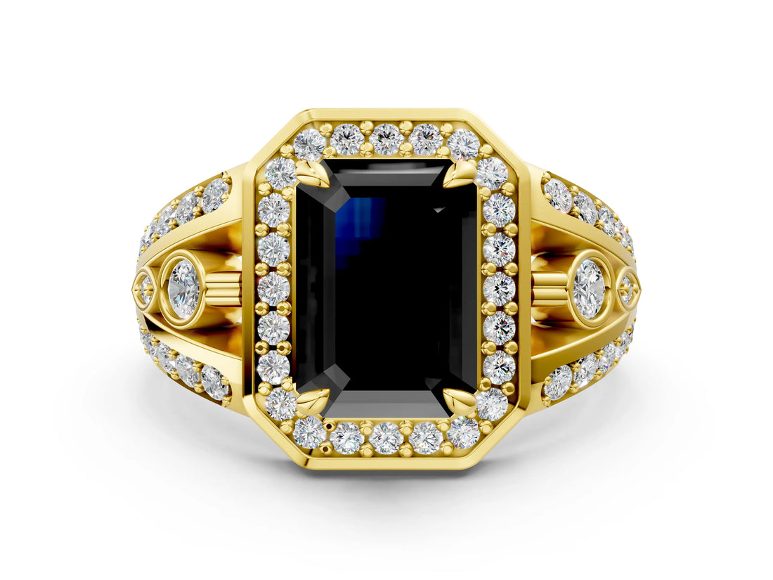 Yellow gold Fancy Black Emerald Cut Diamond Halo Ring with Split Shank and Bezel Accents and Four-Prong Setting