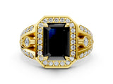 Yellow gold Fancy Black Emerald Cut Diamond Halo Ring with Split Shank and Bezel Accents and Four-Prong Setting